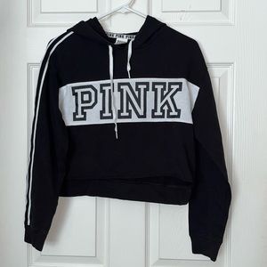 Victoria’s Secret PINK Hoodie Sweatshirt Black White Stripe Logo XS
